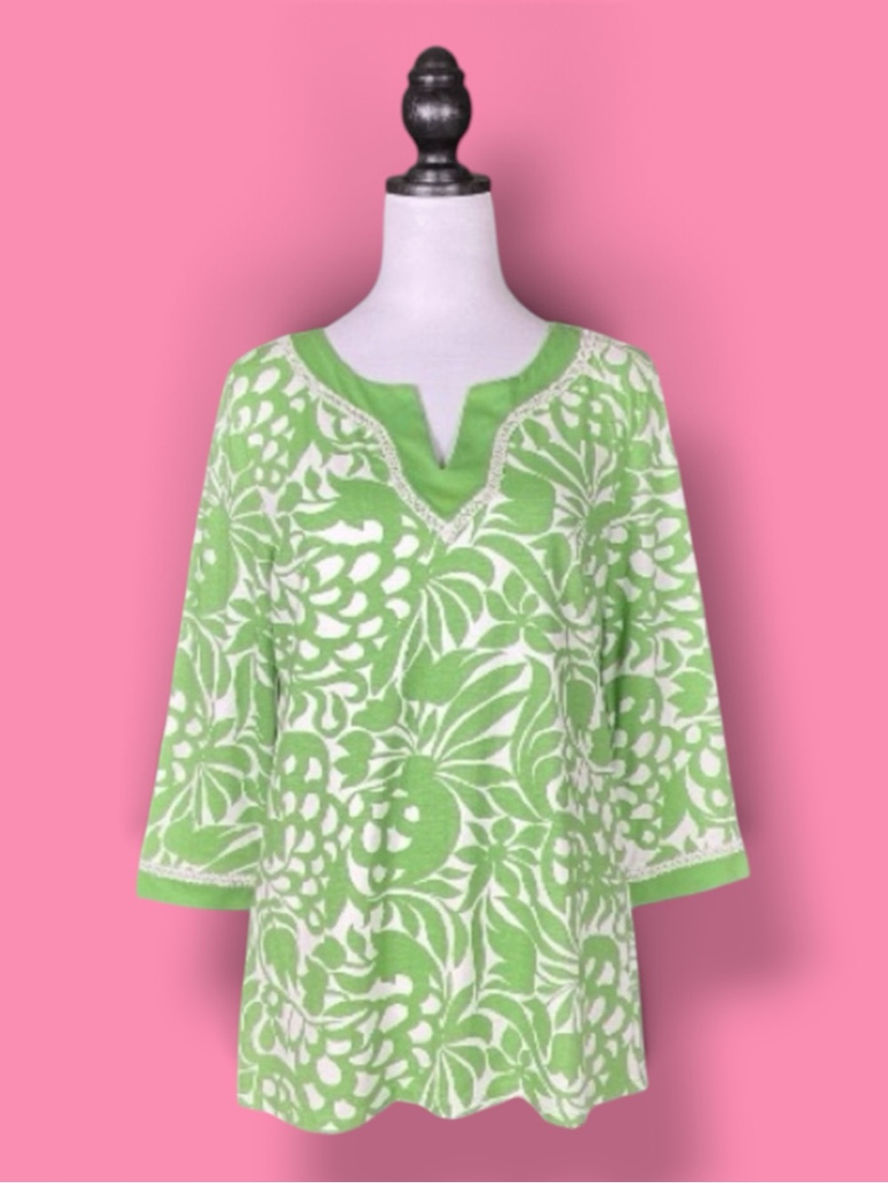 Charter Club Top Green White Tunic Embroidered Botanical 100% Cotton Coastal M